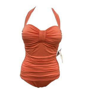 Tommy Bahama Pearl Solid Halter Cup 1PC Swimsuit Calypso Coral Size 8 Orange NWT